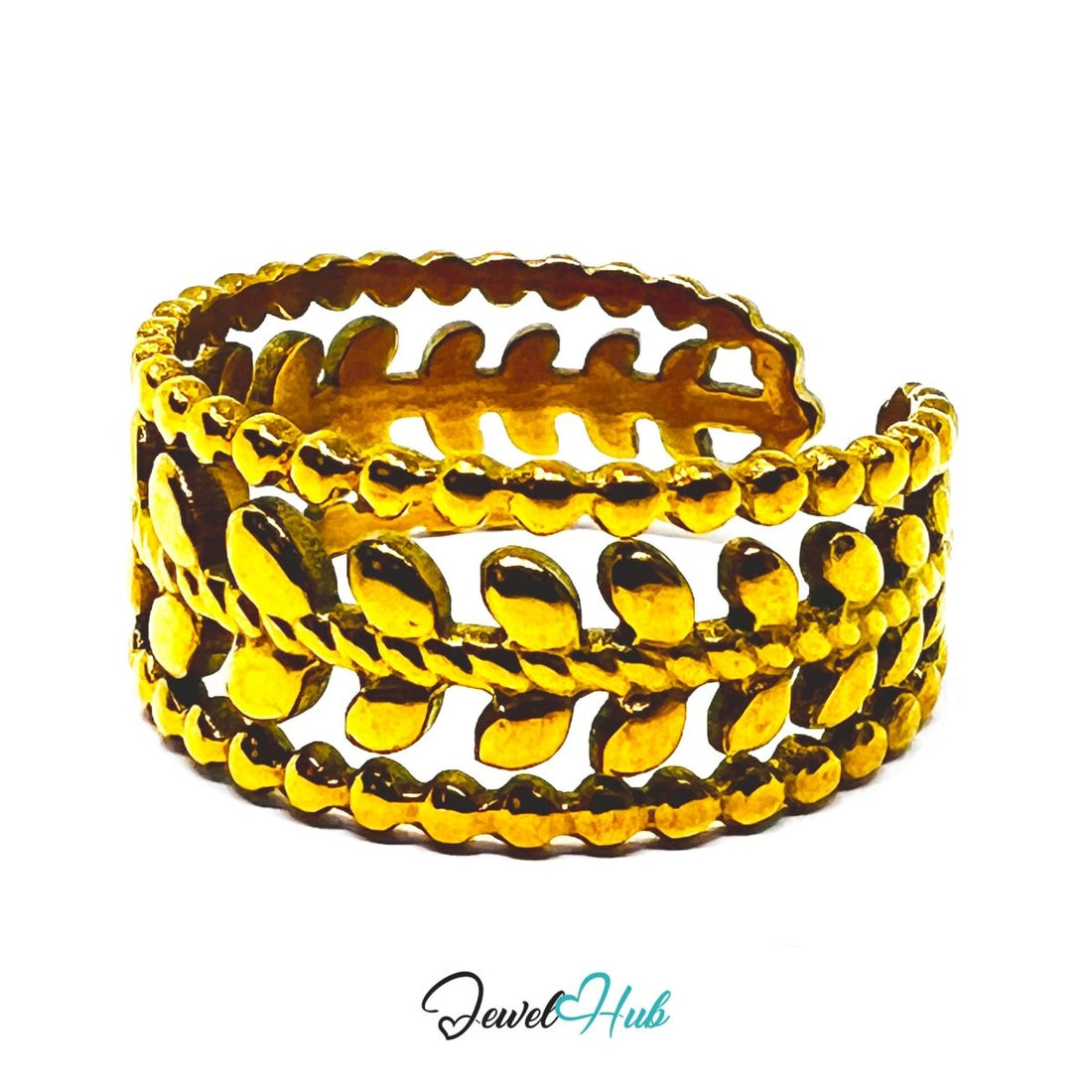 Gold Leaf Branch Openwork Adjustable Stainless Steel Band Ring - JewelHub.co.uk
