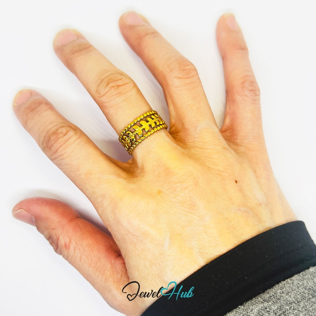 Gold Leaf Branch Openwork Adjustable Stainless Steel Band Ring - JewelHub.co.uk