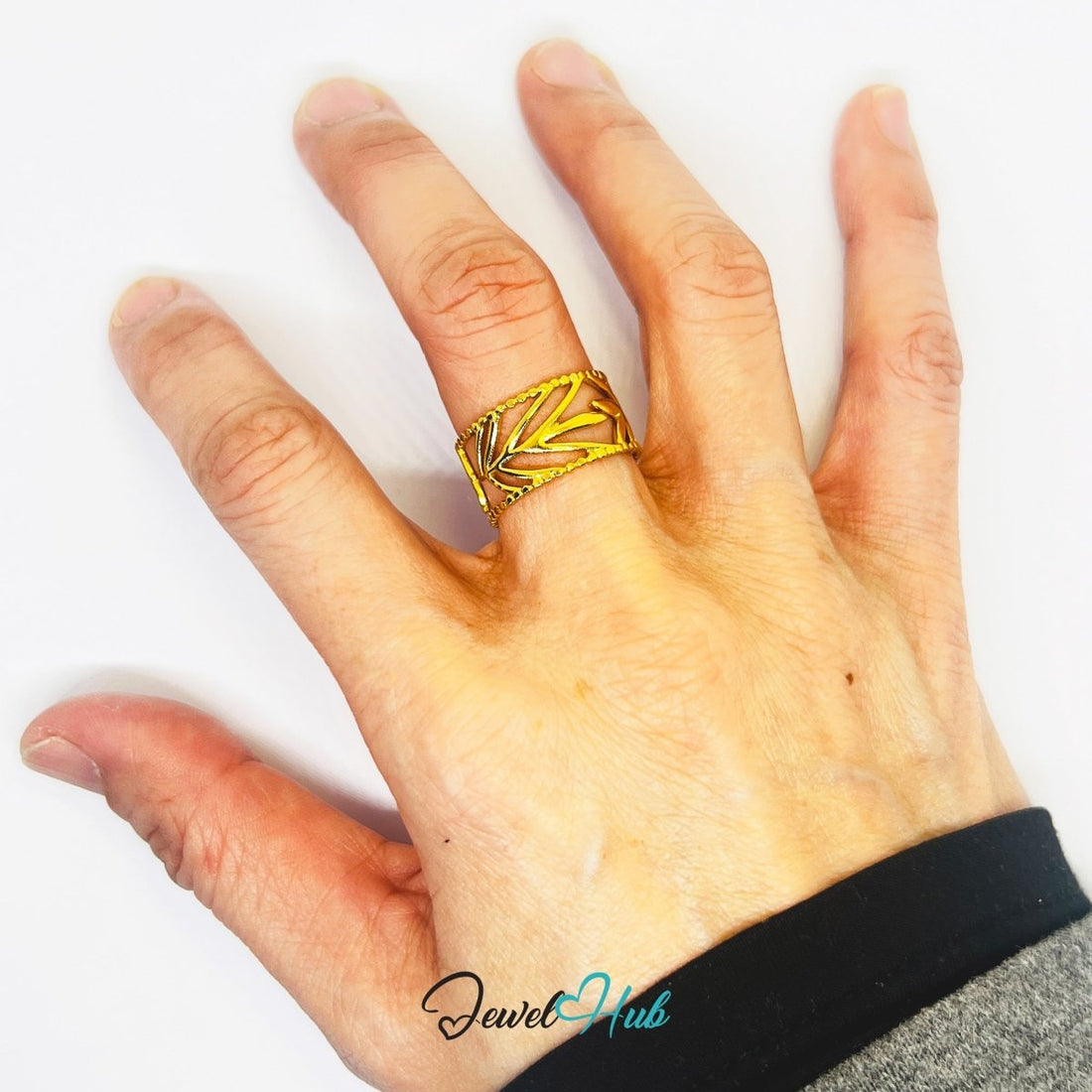 Gold Leaf Cut - Out Openwork Adjustable Stainless Steel Band Ring - JewelHub.co.uk
