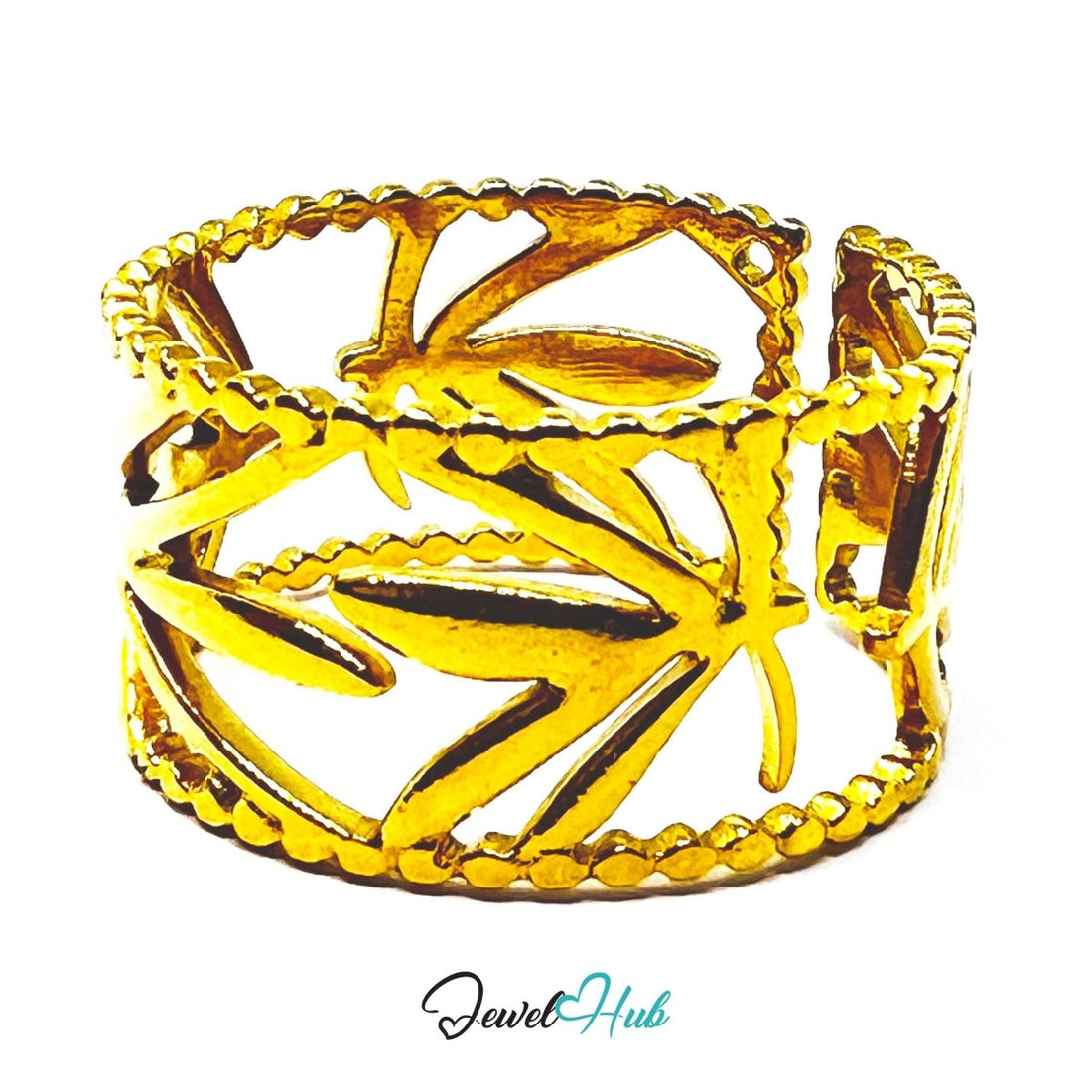 Gold Leaf Cut - Out Openwork Adjustable Stainless Steel Band Ring - JewelHub.co.uk
