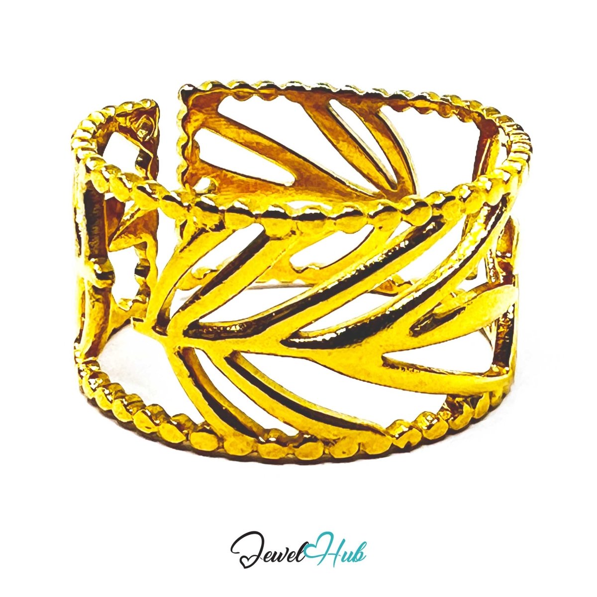 Gold Leaf Cut - Out Openwork Adjustable Stainless Steel Band Ring - JewelHub.co.uk