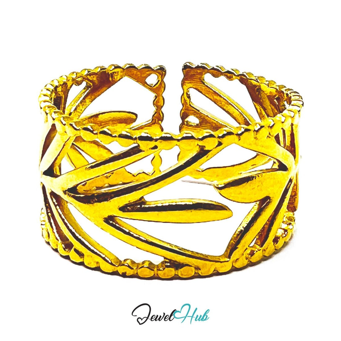 Gold Leaf Cut - Out Openwork Adjustable Stainless Steel Band Ring - JewelHub.co.uk