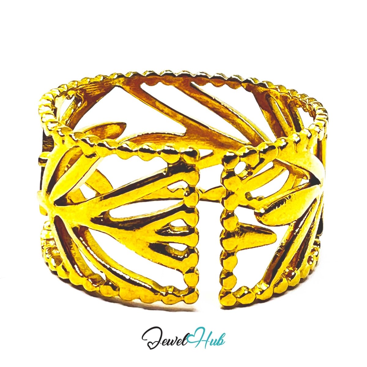 Gold Leaf Cut - Out Openwork Adjustable Stainless Steel Band Ring - JewelHub.co.uk