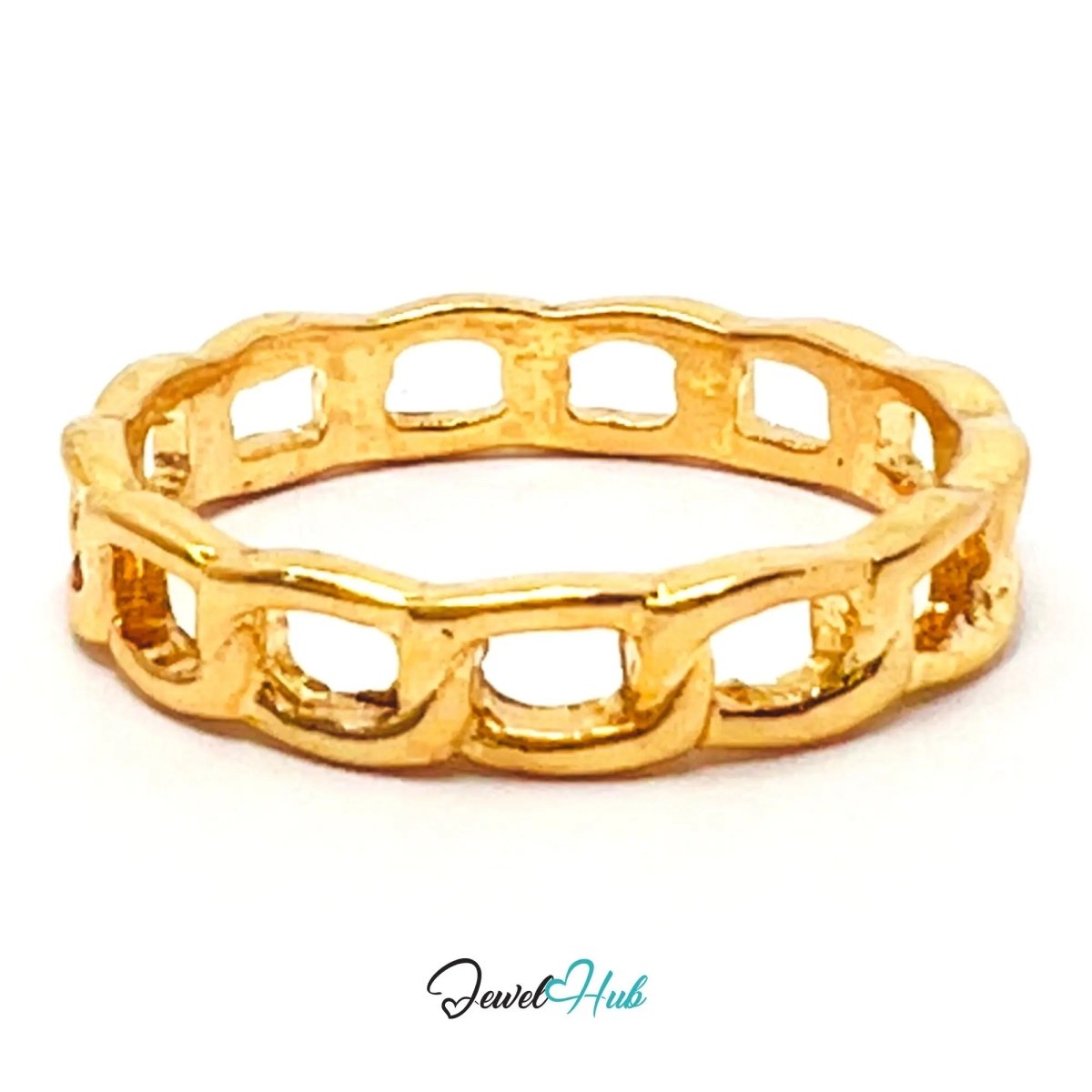 Gold Link - Frame Ring ▭ Zinc Alloy · UK Q · US 8.5 · Rectangle Cutout Chain Motif · Polished Gold Finish - JewelHub.co.uk