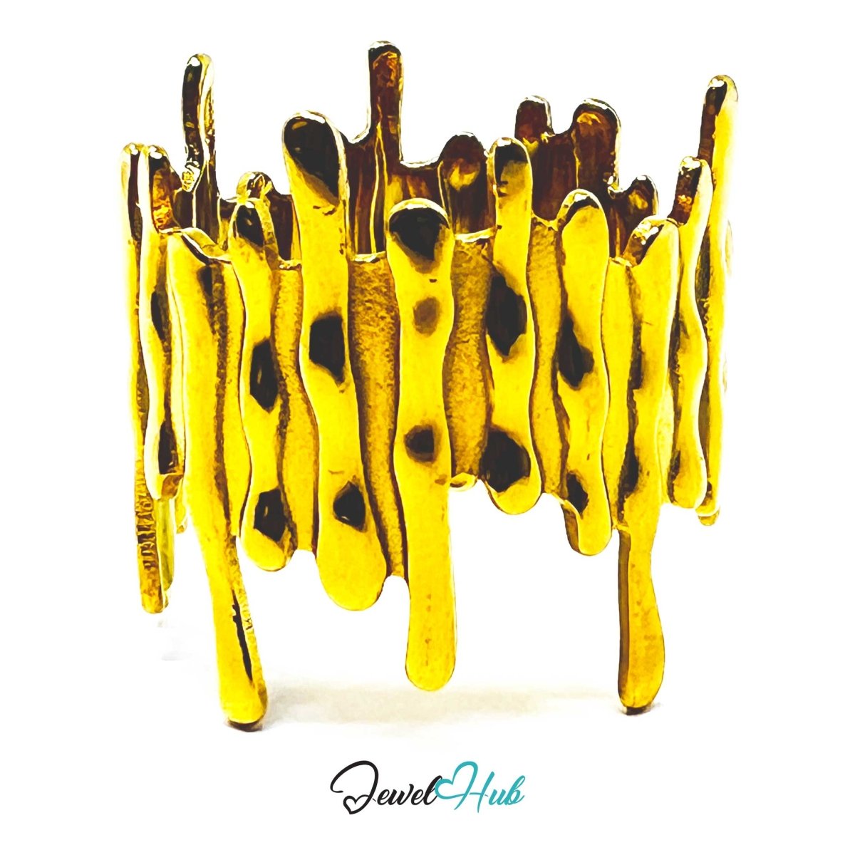 Gold Molten Textured Wide Adjustable Stainless Steel Statement Ring - JewelHub.co.uk