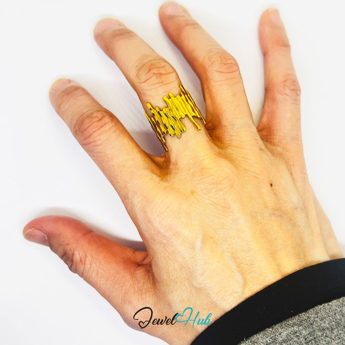 Gold Molten Textured Wide Adjustable Stainless Steel Statement Ring - JewelHub.co.uk