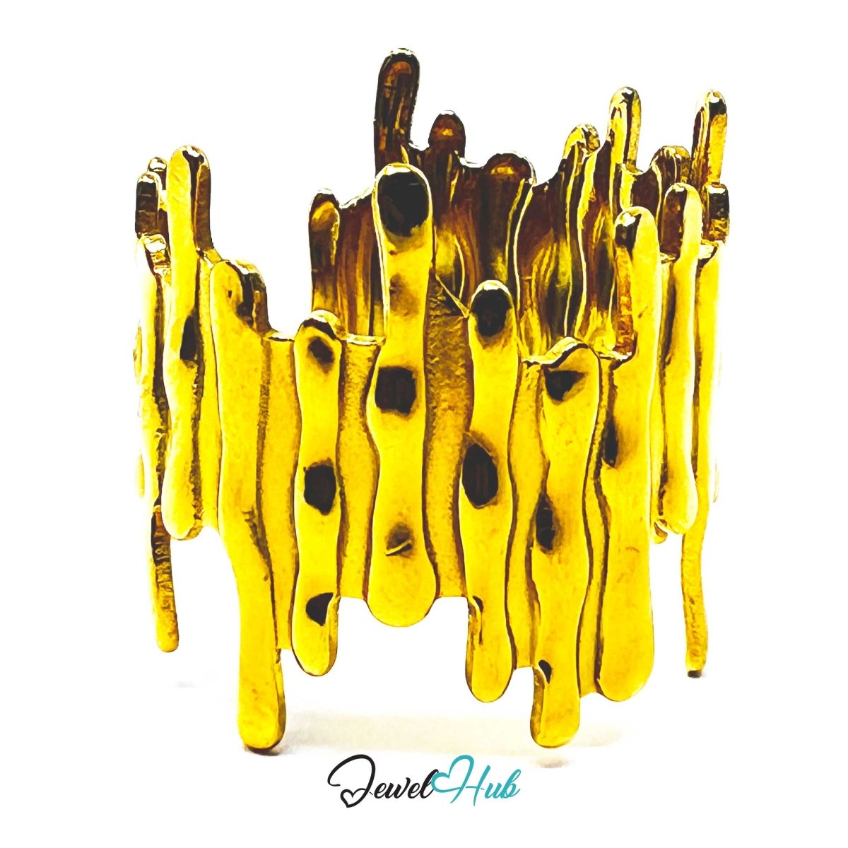 Gold Molten Textured Wide Adjustable Stainless Steel Statement Ring - JewelHub.co.uk