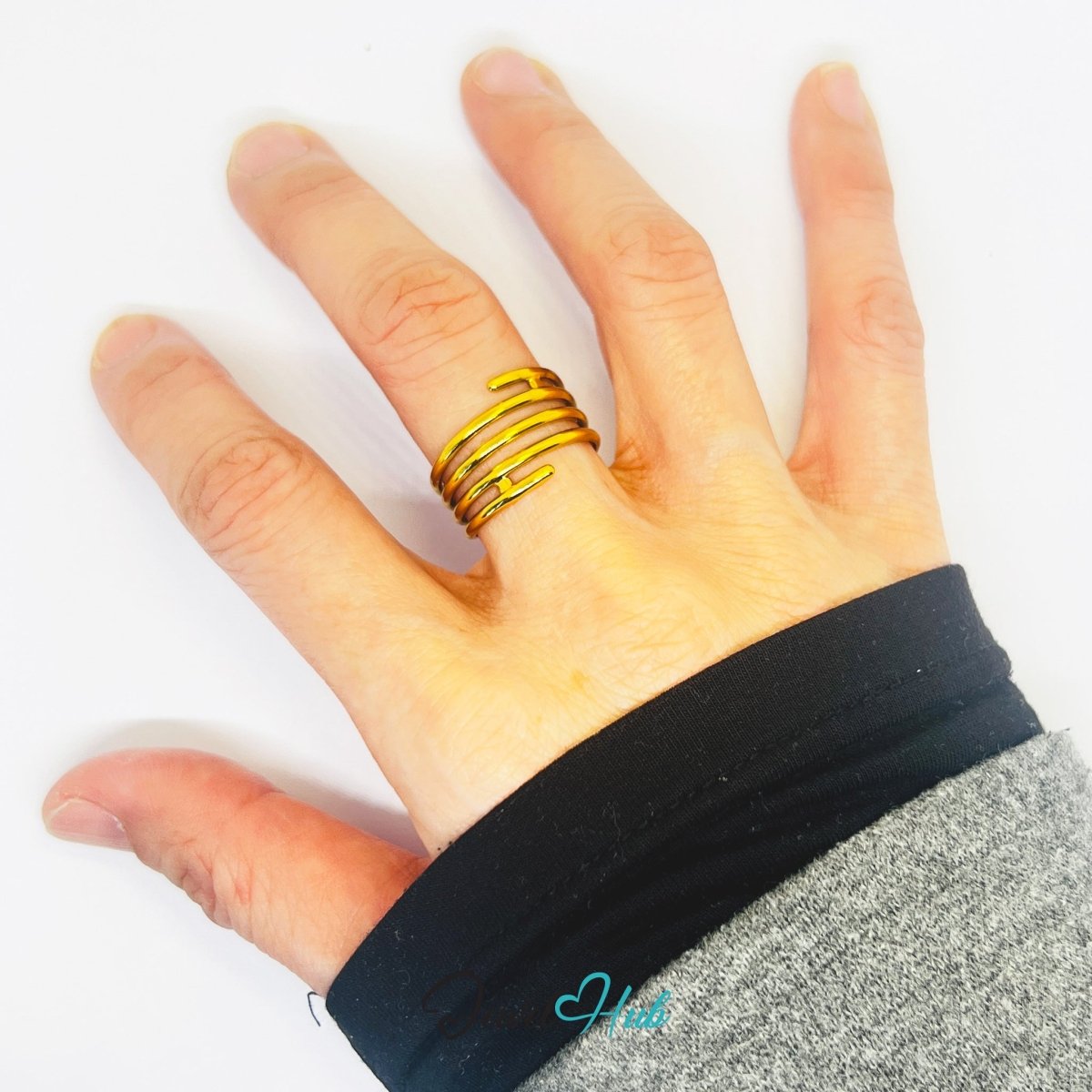 Gold Multi Wrap Adjustable Stainless Steel Band Ring - JewelHub.co.uk