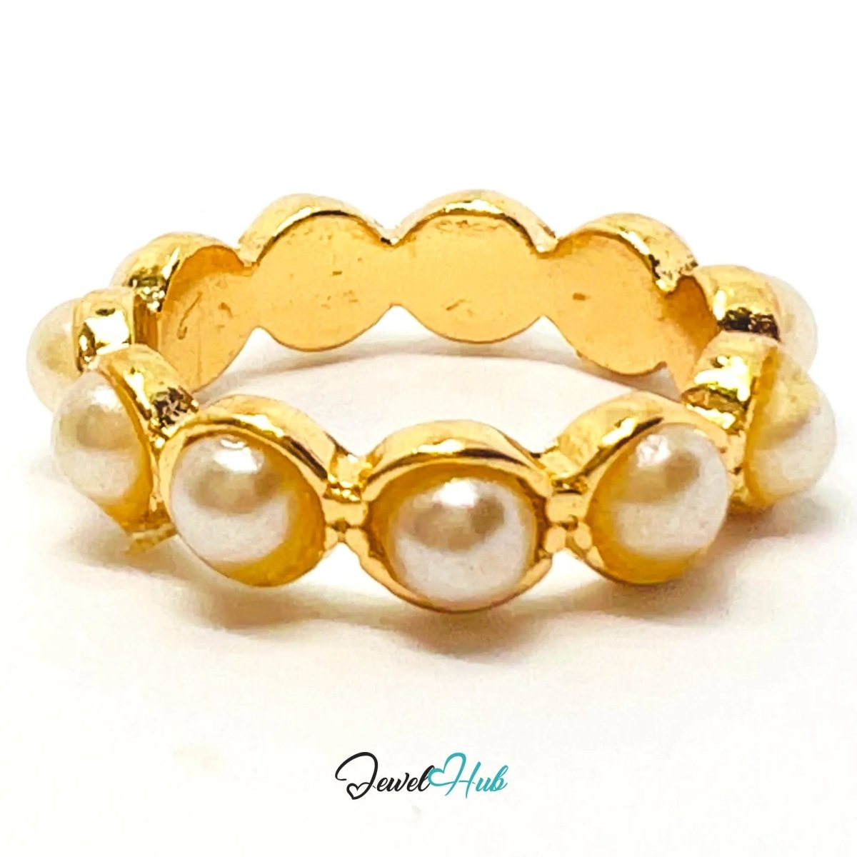 Gold Orbit Pearl Ring ⚪ Zinc Alloy · UK N · US 7 · 11 Faux Pearls · Bezel - Mounted Accents · Polished Finish - JewelHub.co.uk