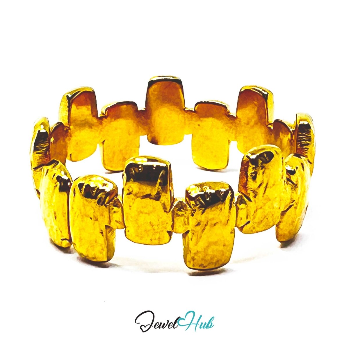Gold Organic Textured Link Adjustable Stainless Steel Ring - JewelHub.co.uk