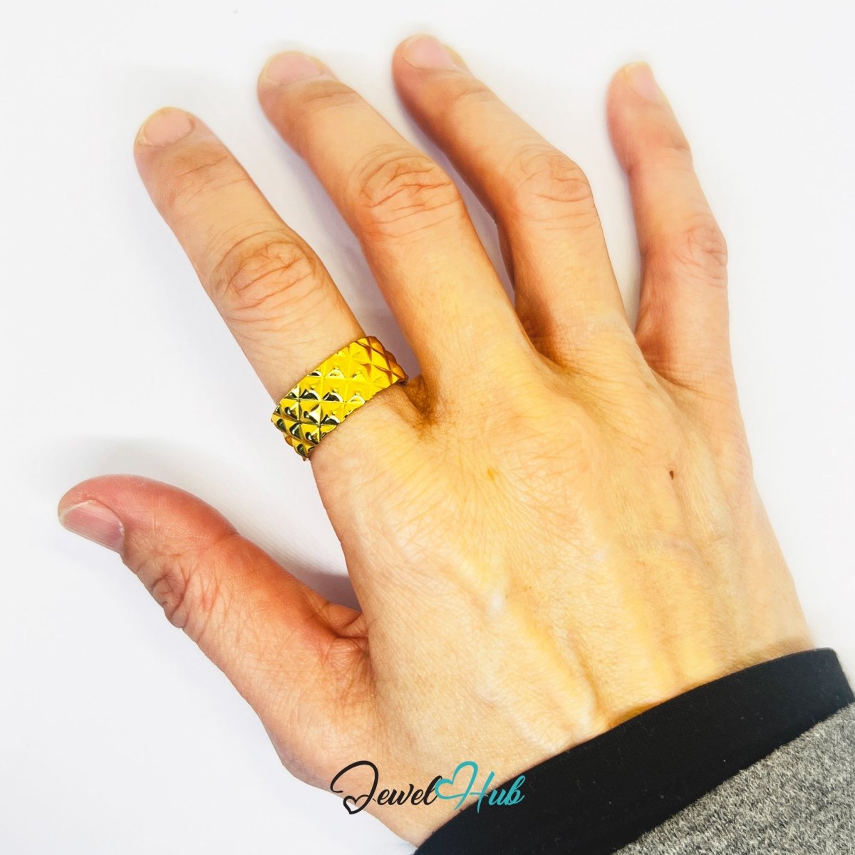 Gold Organic Textured Link Adjustable Stainless Steel Ring - JewelHub.co.uk