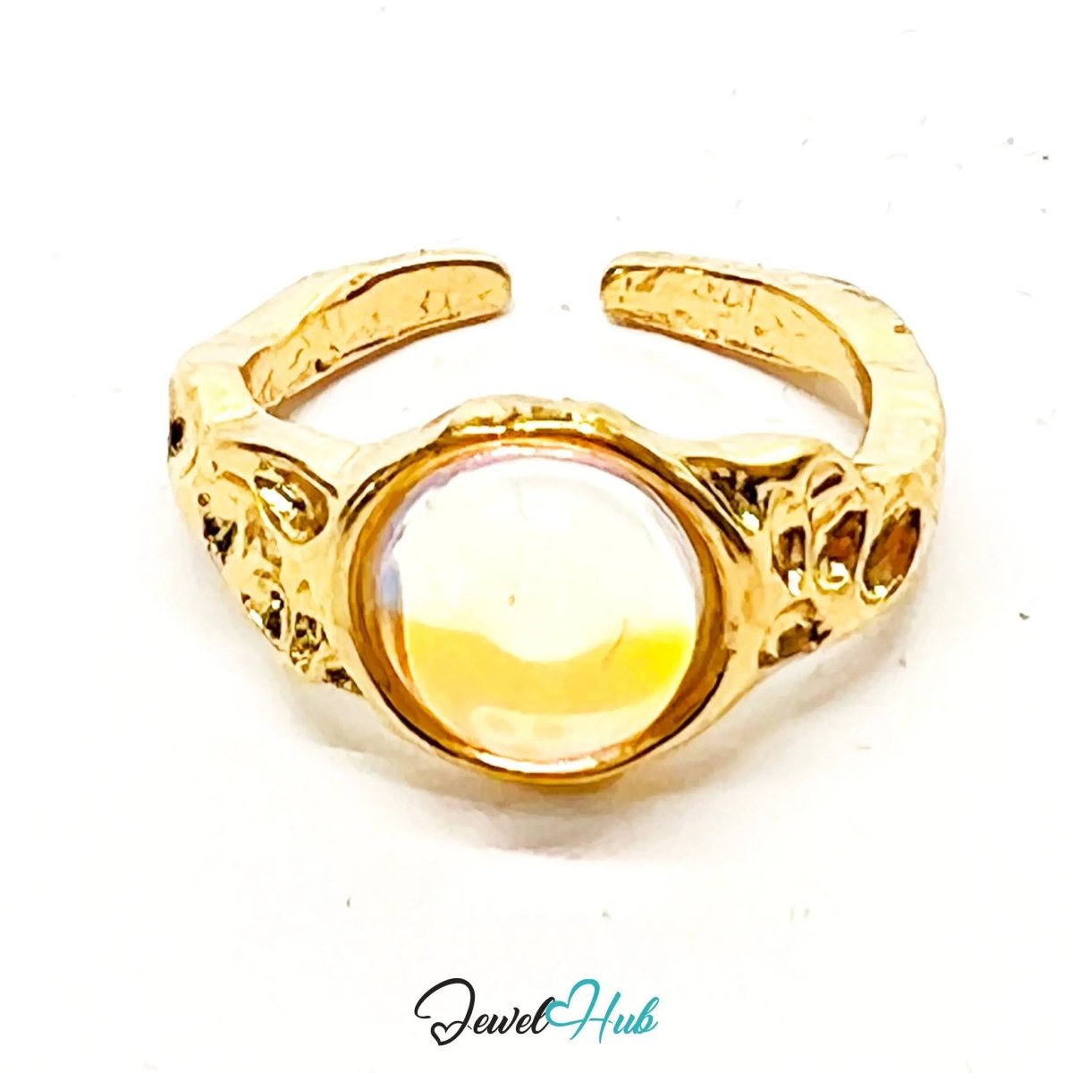 Gold - Plated AB Resin Pinky Ring – Fixed Size I | 1.80g Iridescent Glow in Miniature Form - JewelHub.co.uk