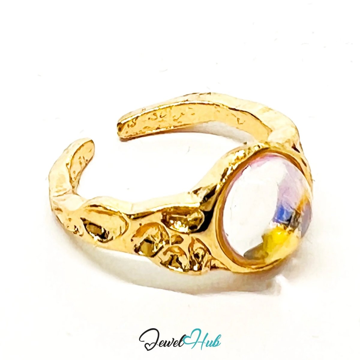 Gold - Plated AB Resin Pinky Ring – Fixed Size I | 1.80g Iridescent Glow in Miniature Form - JewelHub.co.uk