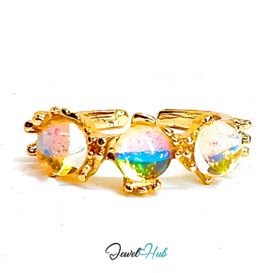 Gold - Plated AB Resin Ring – Open - End M - N | 2.40g Iridescent Minimalist - JewelHub.co.uk