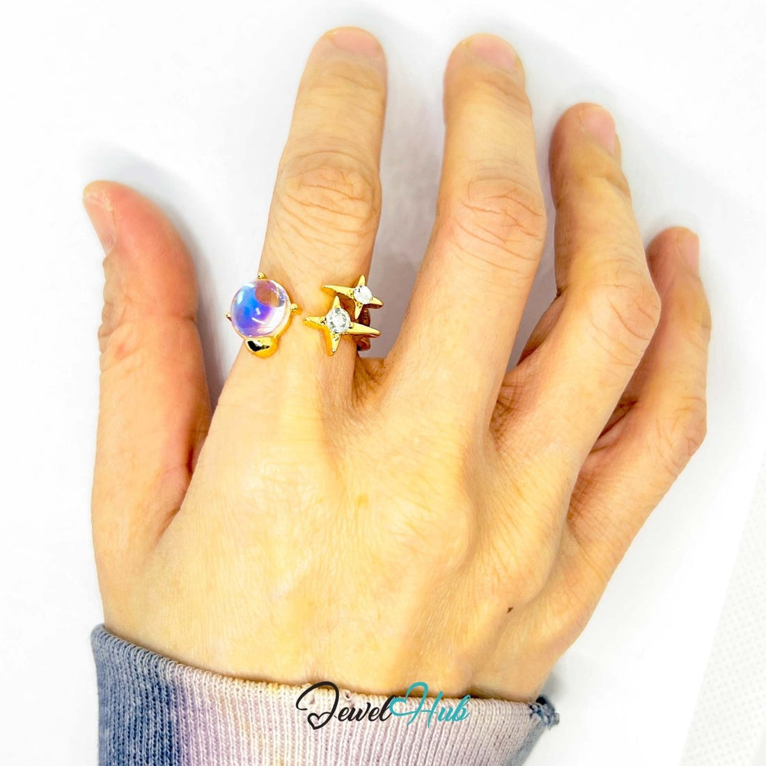 Gold - Plated Abstract Ring - Resin & Synthetic Diamond in Sculptural Elegance - JewelHub.co.uk