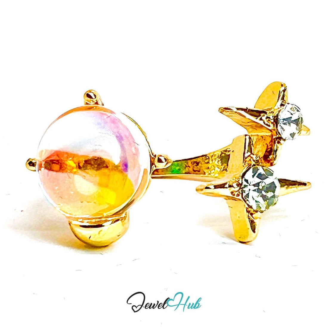 Gold - Plated Abstract Ring - Resin & Synthetic Diamond in Sculptural Elegance - JewelHub.co.uk