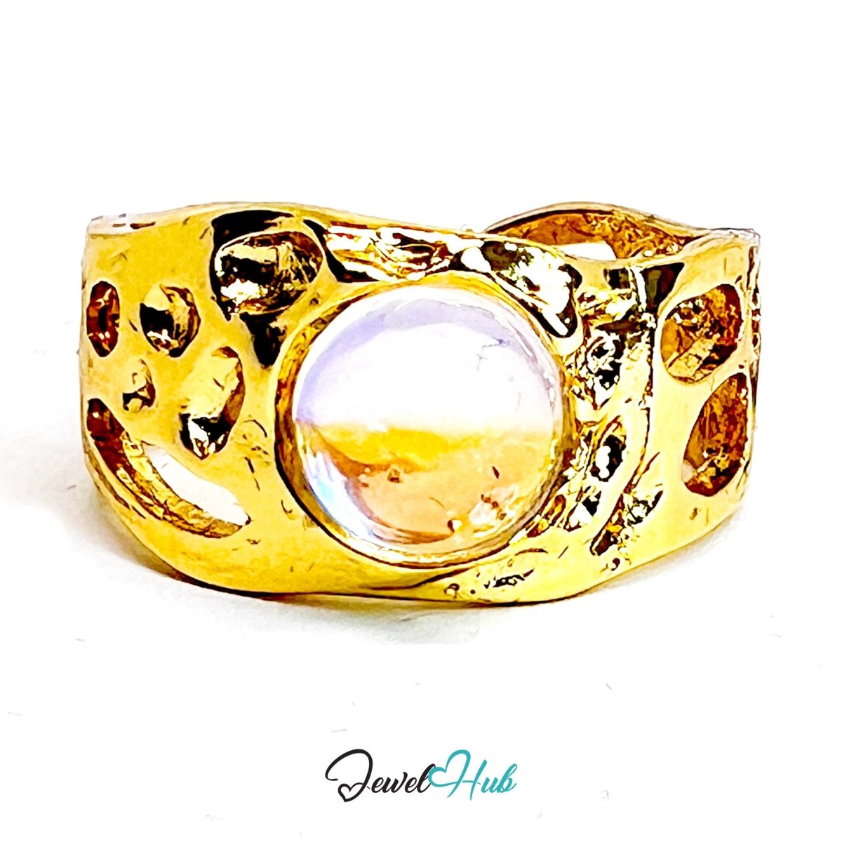 Gold - Plated Amber Resin Ring – Open - End R - S | 3.8g Geometric Cutout Band - JewelHub.co.uk