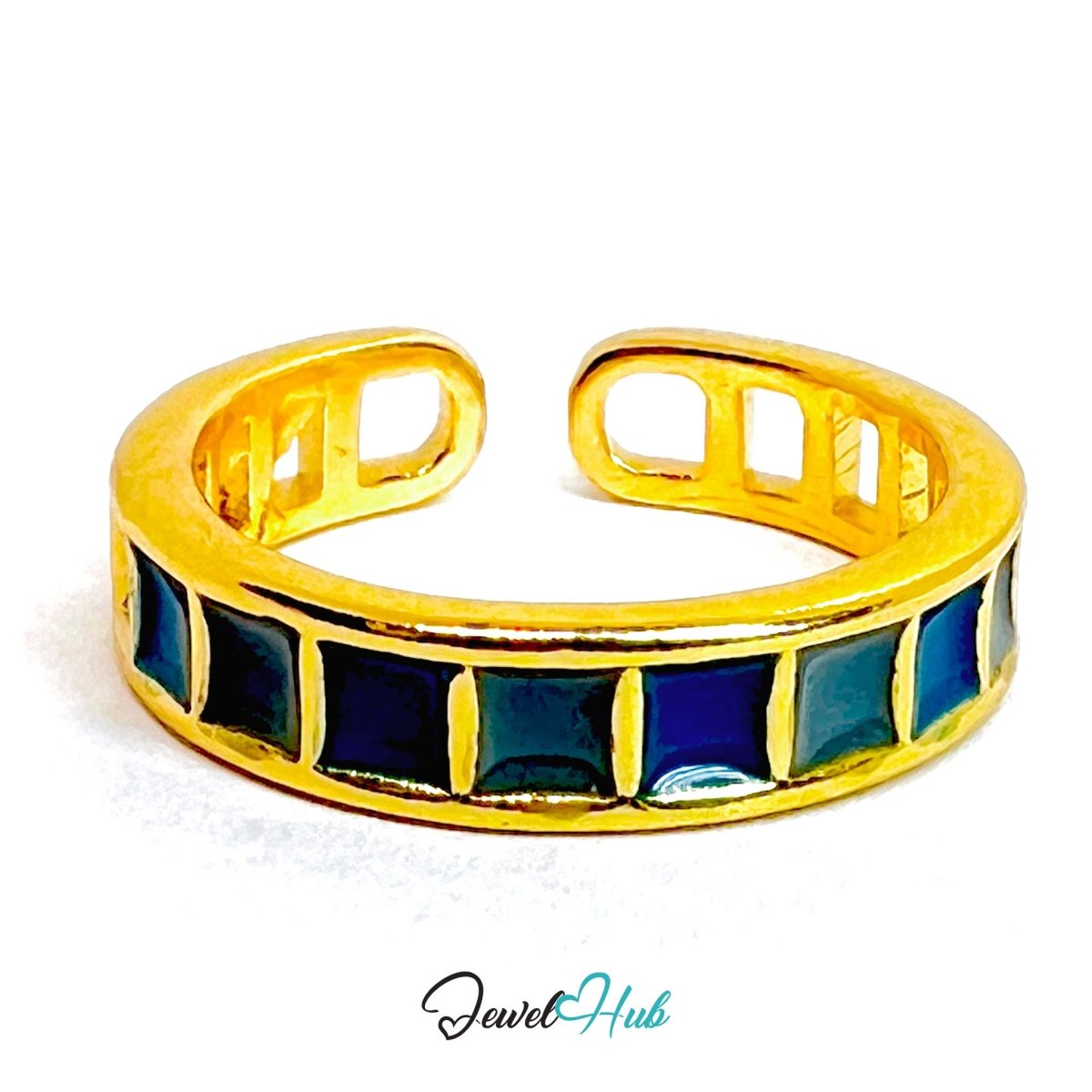 Gold - Plated Blue Resin Segment Ring – Adjustable Minimalist Sculptural Design - JewelHub.co.uk