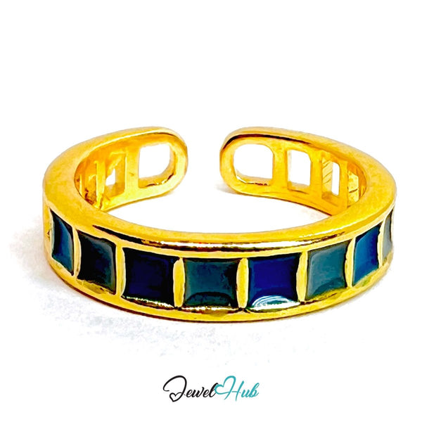 Gold - Plated Blue Resin Segment Ring – Adjustable Minimalist Sculptural Design - JewelHub.co.uk