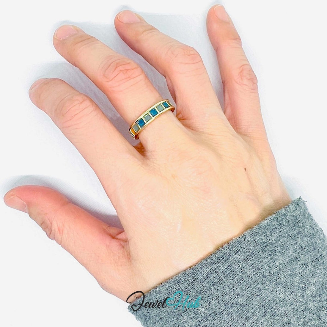Gold - Plated Blue Resin Segment Ring – Adjustable Minimalist Sculptural Design - JewelHub.co.uk