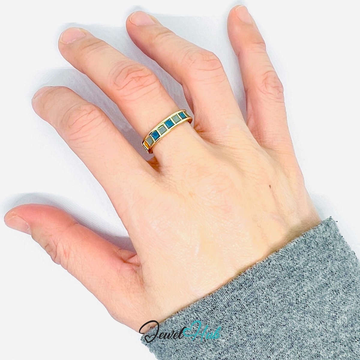 Gold - Plated Blue Resin Segment Ring – Adjustable Minimalist Sculptural Design - JewelHub.co.uk