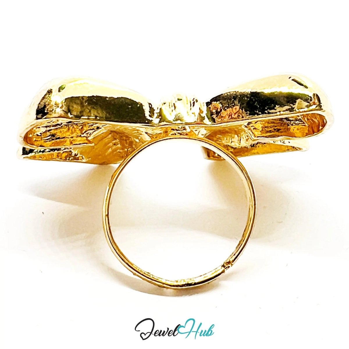 Gold - Plated Bow Ring – Adjustable M–O | Playful Giant Motif with Sculptural Feminine Energy - JewelHub.co.uk