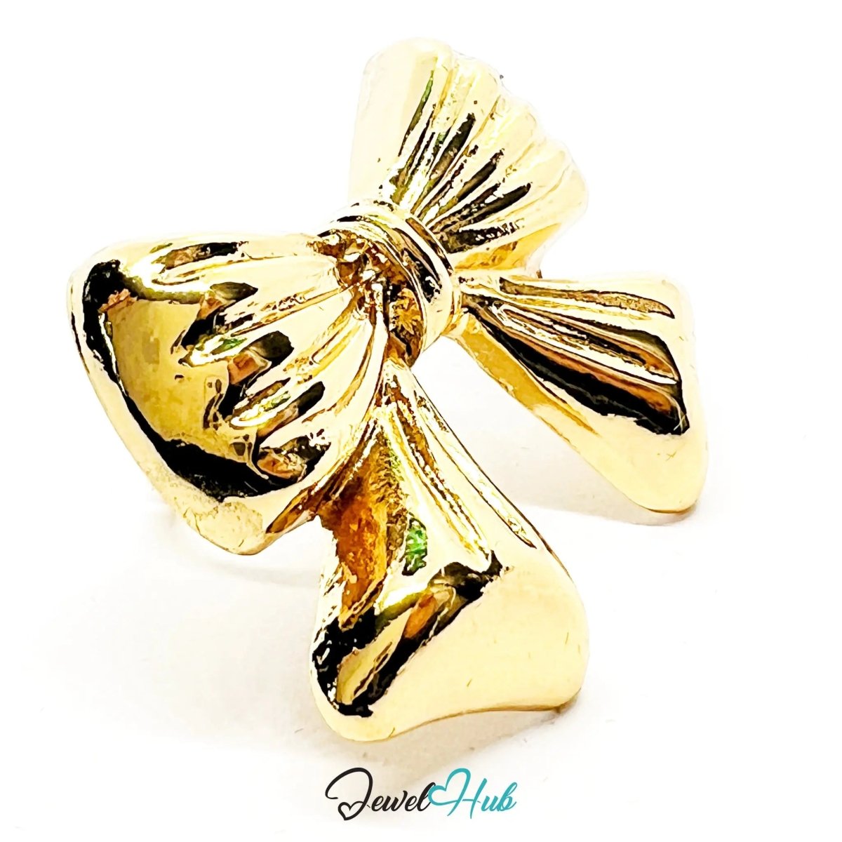 Gold - Plated Bow Ring – Adjustable M–O | Playful Giant Motif with Sculptural Feminine Energy - JewelHub.co.uk