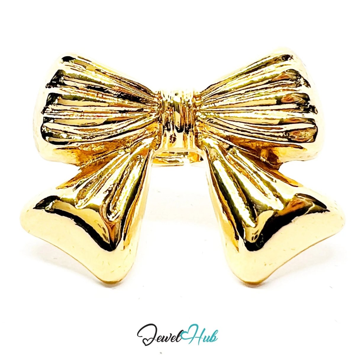 Gold - Plated Bow Ring – Adjustable M–O | Playful Giant Motif with Sculptural Feminine Energy - JewelHub.co.uk