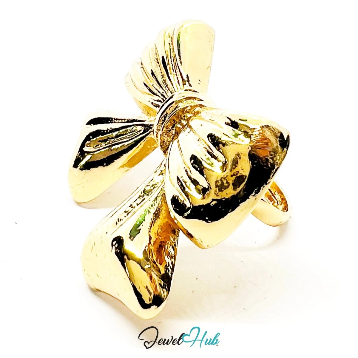 Gold - Plated Bow Ring – Adjustable M–O | Playful Giant Motif with Sculptural Feminine Energy - JewelHub.co.uk