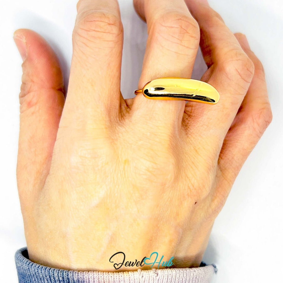 Gold - Plated Capsule Curve Zinc Ring – Elongated Sculptural Band for Minimalist Styling - JewelHub.co.uk