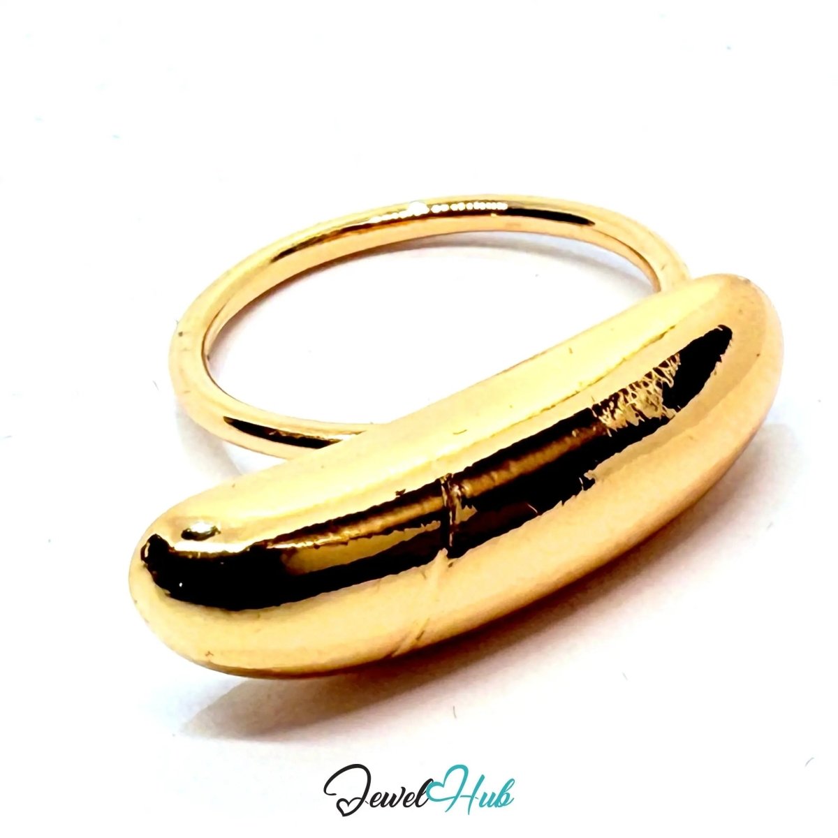 Gold - Plated Capsule Curve Zinc Ring – Elongated Sculptural Band for Minimalist Styling - JewelHub.co.uk
