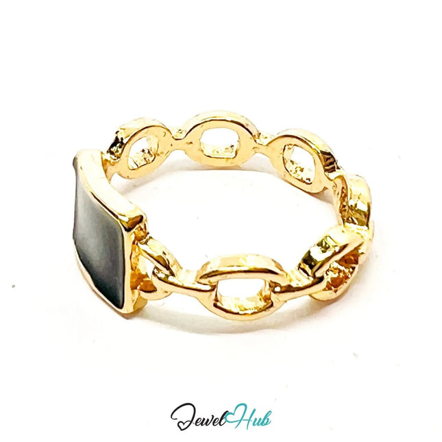 Gold - Plated Chain Ring with Black Resin – Size Q | 2.28g Bold Link Style in Zinc Alloy - JewelHub.co.uk
