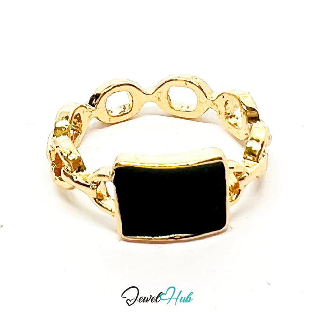 Gold - Plated Chain Ring with Black Resin – Size Q | 2.28g Bold Link Style in Zinc Alloy - JewelHub.co.uk