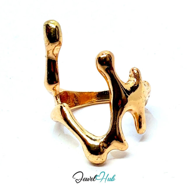 Gold - Plated Coral Form Zinc Alloy Ring – Fixed Size N | Sculptural Statement for Organic Styling - JewelHub.co.uk