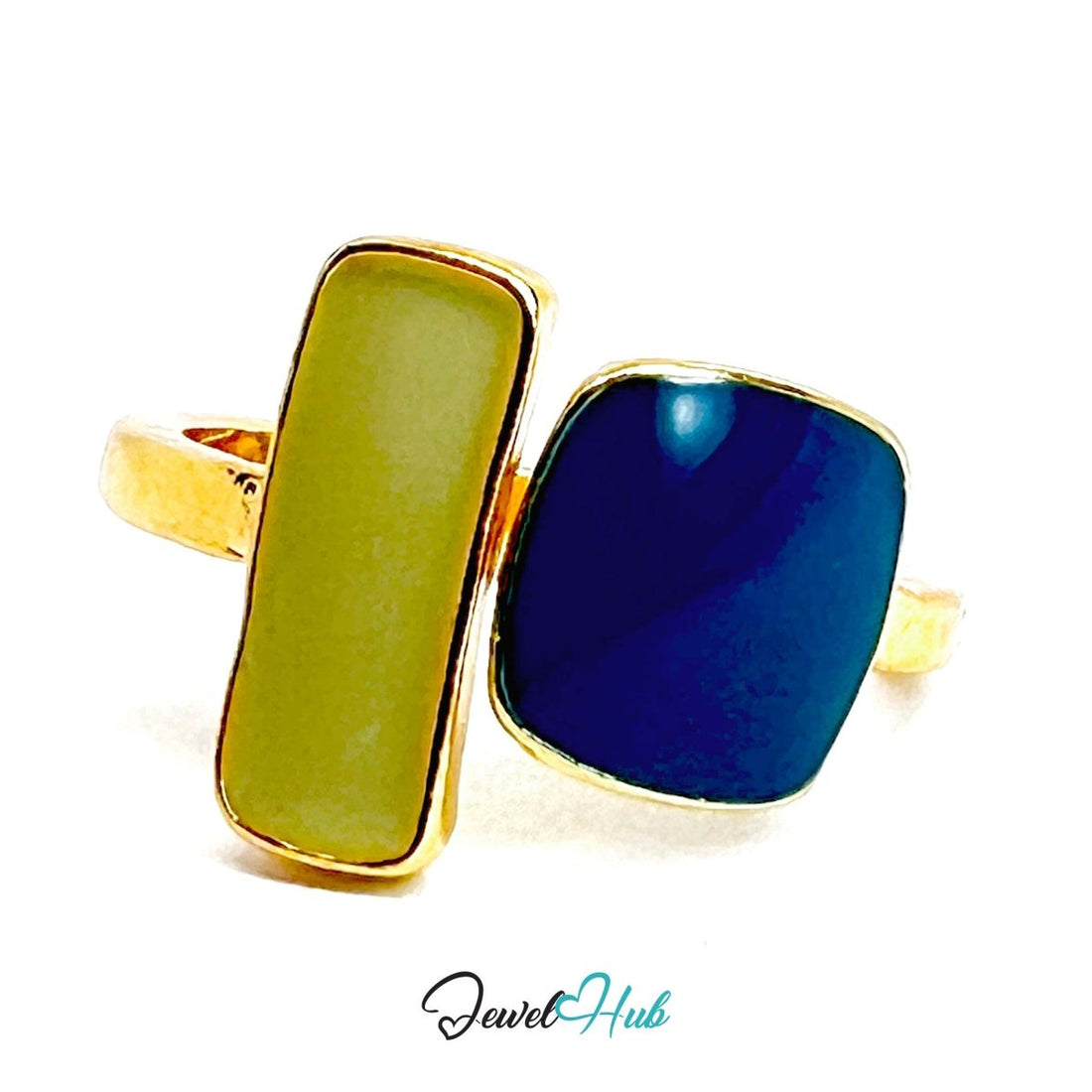 Gold - Plated Dual Resin Stone Ring – Olive & Navy Geometric Design - JewelHub.co.uk