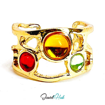Gold - Plated Ember Crown Ring – Adjustable M–O | Warm - Toned Resin Gems in Sculptural Elegance - JewelHub.co.uk