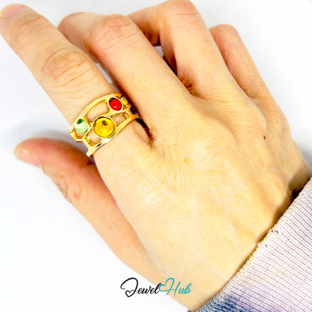 Gold - Plated Ember Crown Ring – Adjustable M–O | Warm - Toned Resin Gems in Sculptural Elegance - JewelHub.co.uk