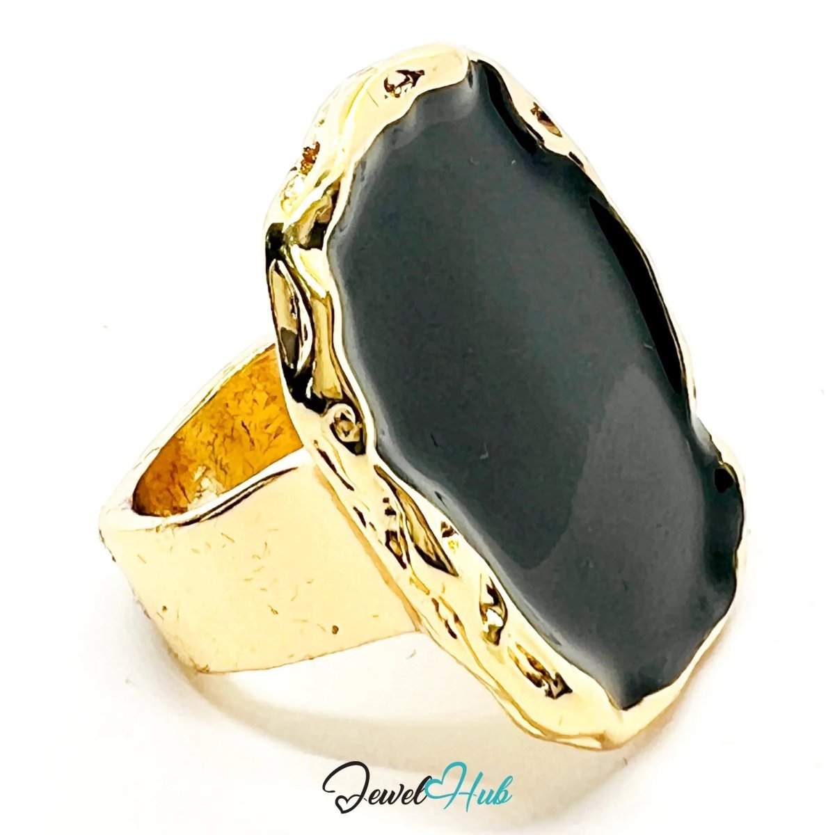 Gold - Plated Flat Onyx Ring – Fixed Size O | 9.8g Glossy Black Resin in Sculptural Silence - JewelHub.co.uk