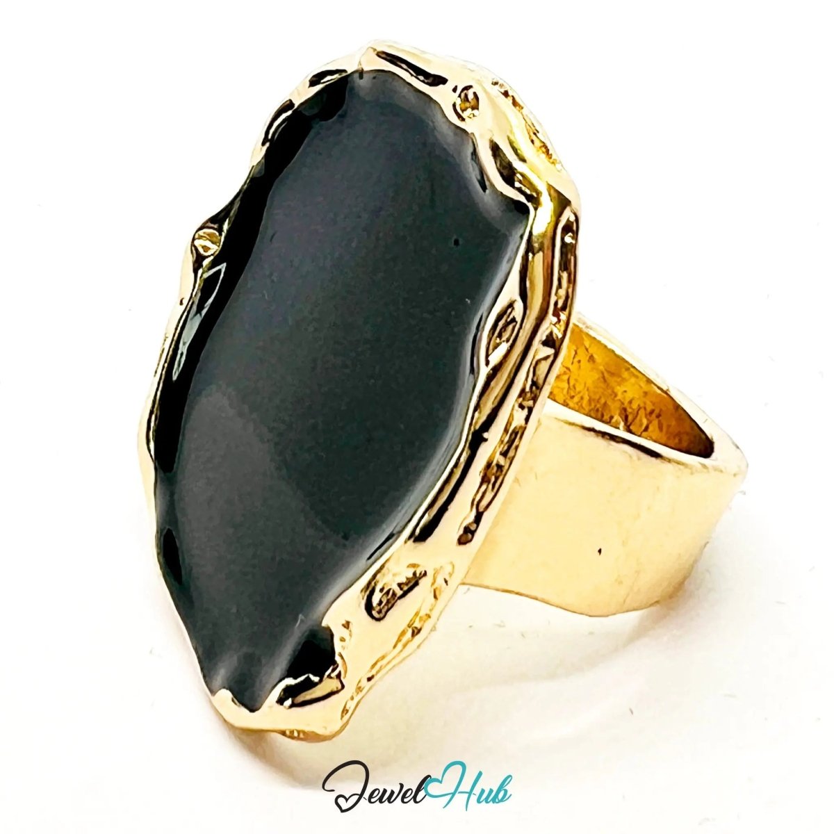 Gold - Plated Flat Onyx Ring – Fixed Size O | 9.8g Glossy Black Resin in Sculptural Silence - JewelHub.co.uk