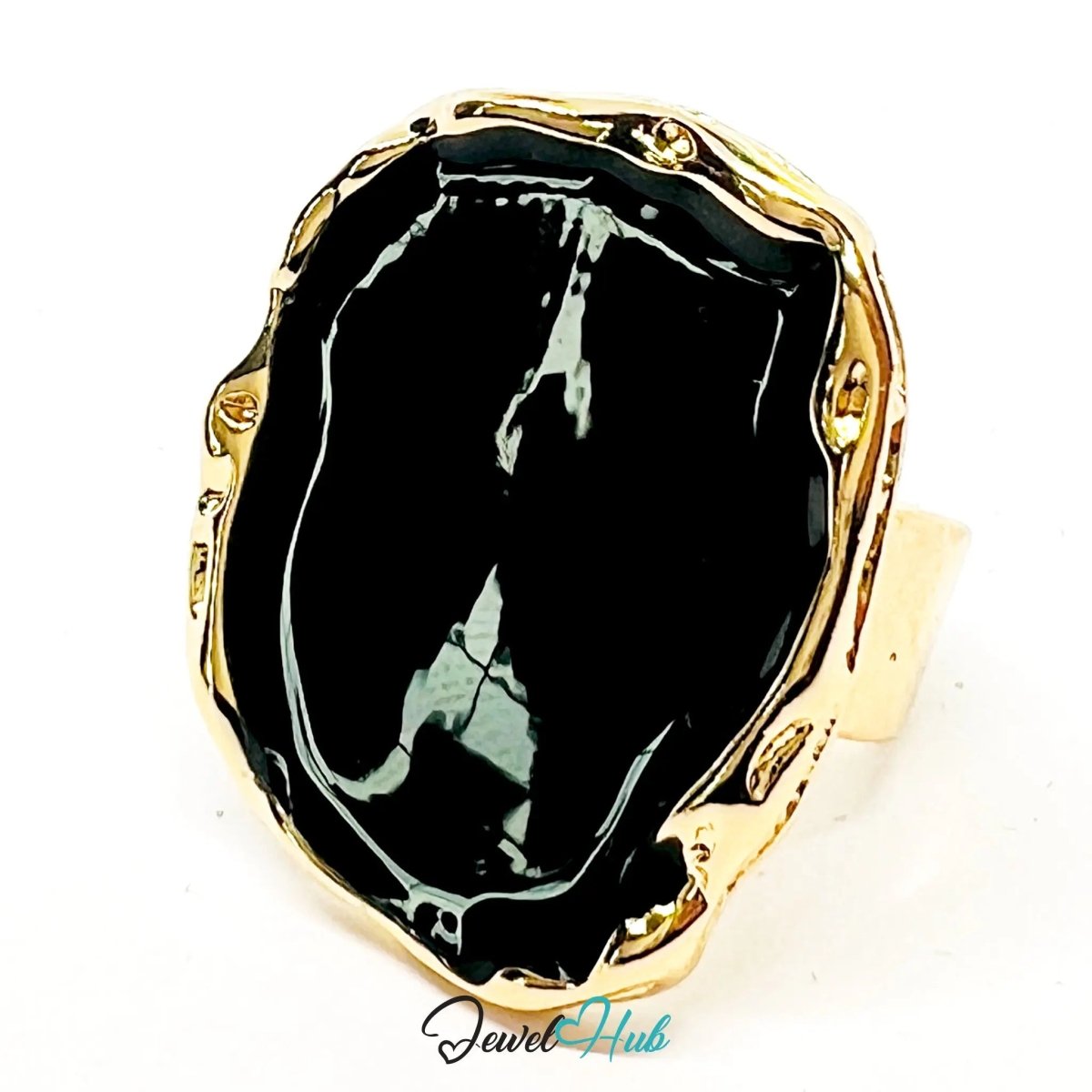 Gold - Plated Flat Onyx Ring – Fixed Size O | 9.8g Glossy Black Resin in Sculptural Silence - JewelHub.co.uk