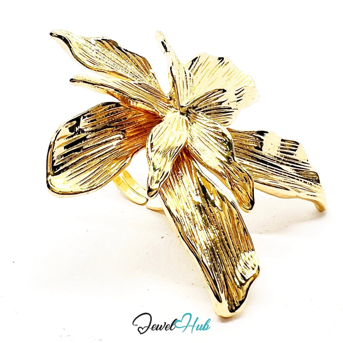 Gold - Plated Giant Flower Ring – Adjustable O–Q | 52mm Sculptural Bloom in Abstract Naturalism - JewelHub.co.uk