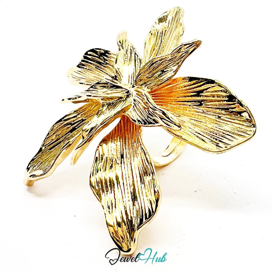 Gold - Plated Giant Flower Ring – Adjustable O–Q | 52mm Sculptural Bloom in Abstract Naturalism - JewelHub.co.uk