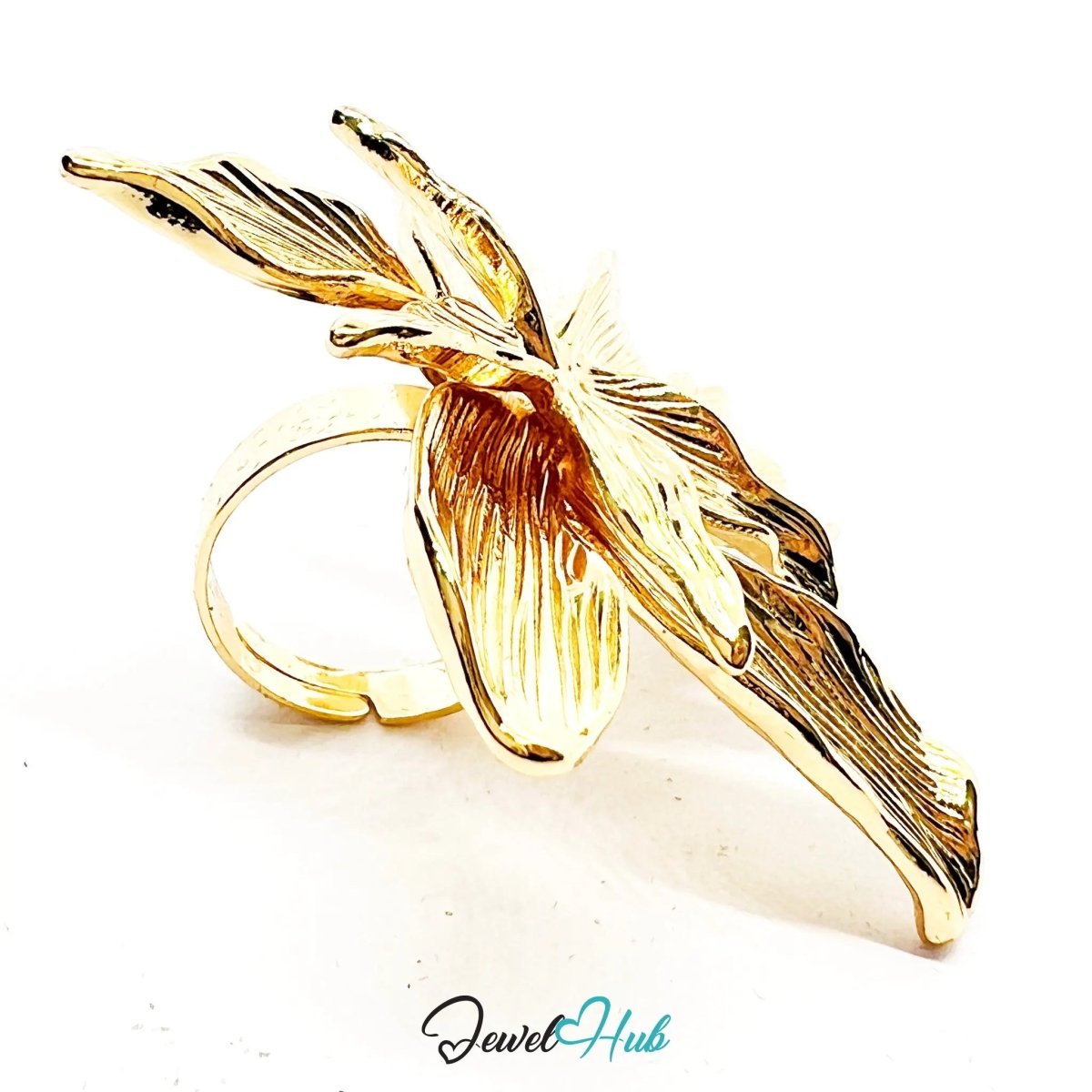 Gold - Plated Giant Flower Ring – Adjustable O–Q | 52mm Sculptural Bloom in Abstract Naturalism - JewelHub.co.uk