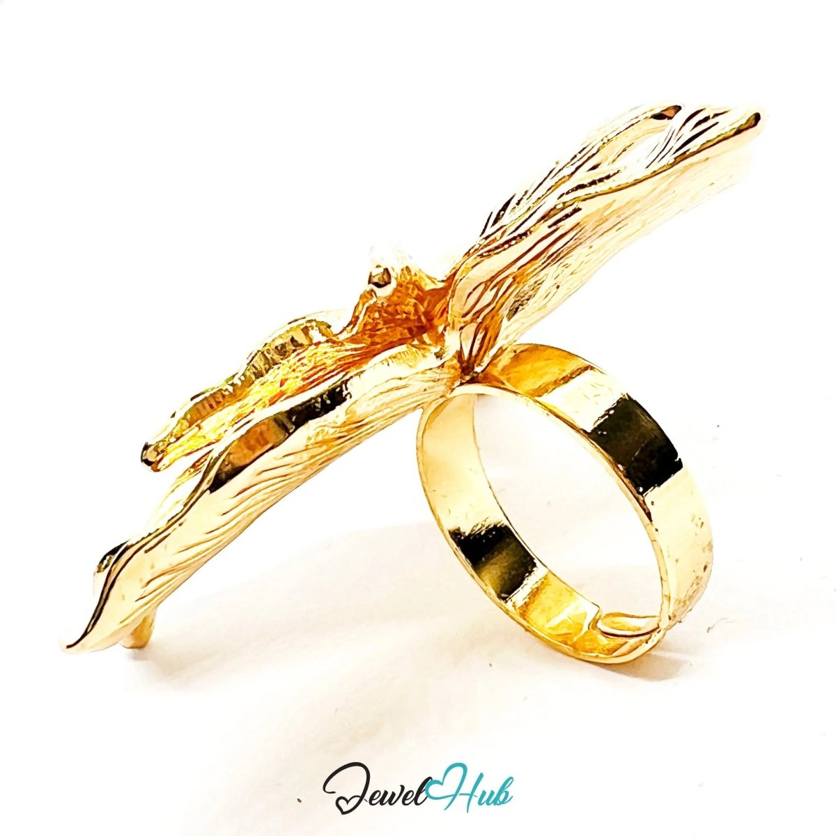 Gold - Plated Giant Flower Ring – Adjustable O–Q | 52mm Sculptural Bloom in Abstract Naturalism - JewelHub.co.uk