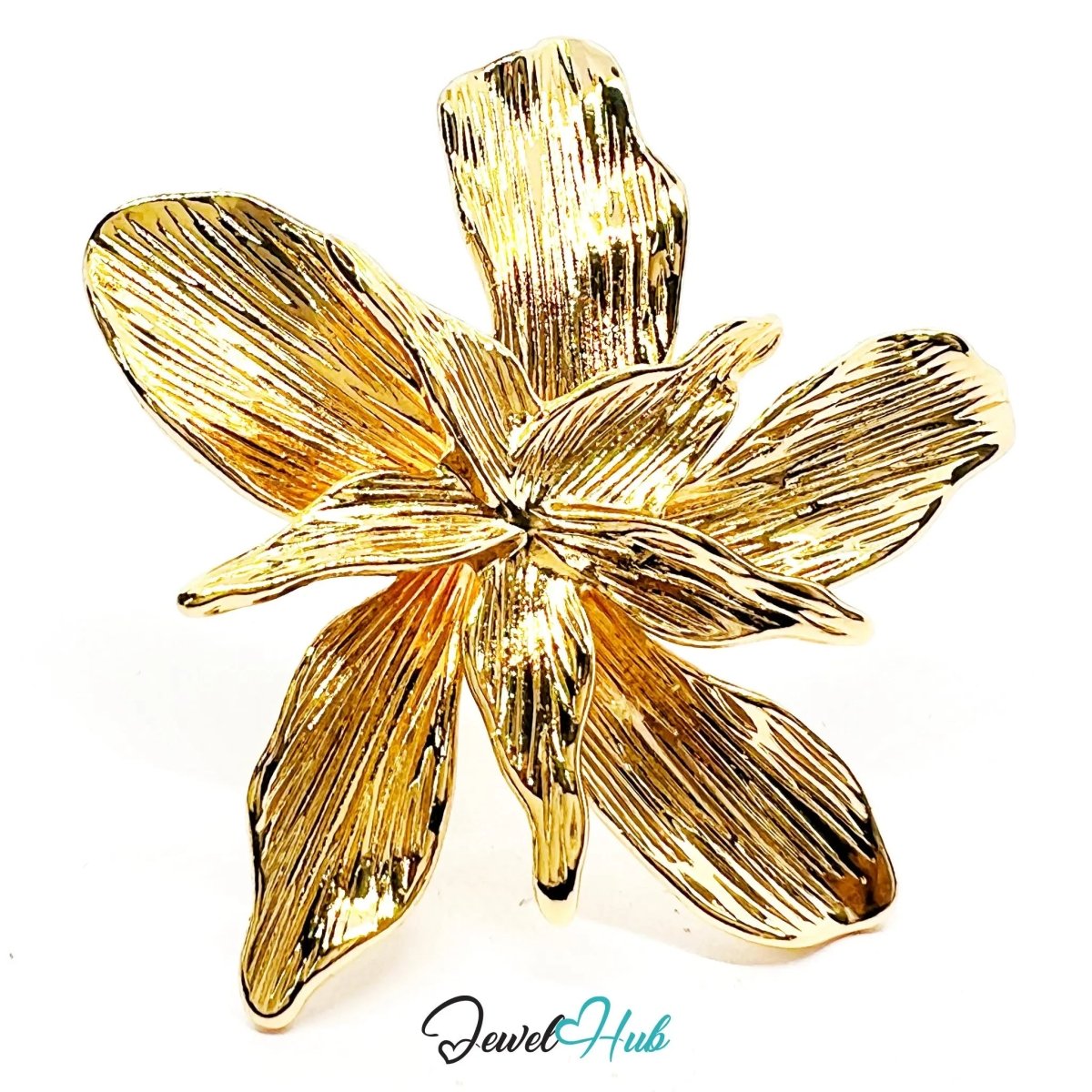 Gold - Plated Giant Flower Ring – Adjustable O–Q | 52mm Sculptural Bloom in Abstract Naturalism - JewelHub.co.uk