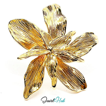 Gold - Plated Giant Flower Ring – Adjustable O–Q | 52mm Sculptural Bloom in Abstract Naturalism - JewelHub.co.uk