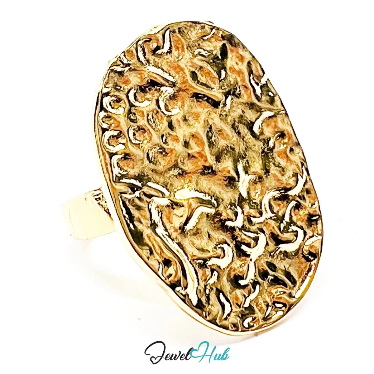 Gold - Plated Oval Ring – Sculptural Texture in Modernist Form | Available in Sizes K & R - JewelHub.co.uk