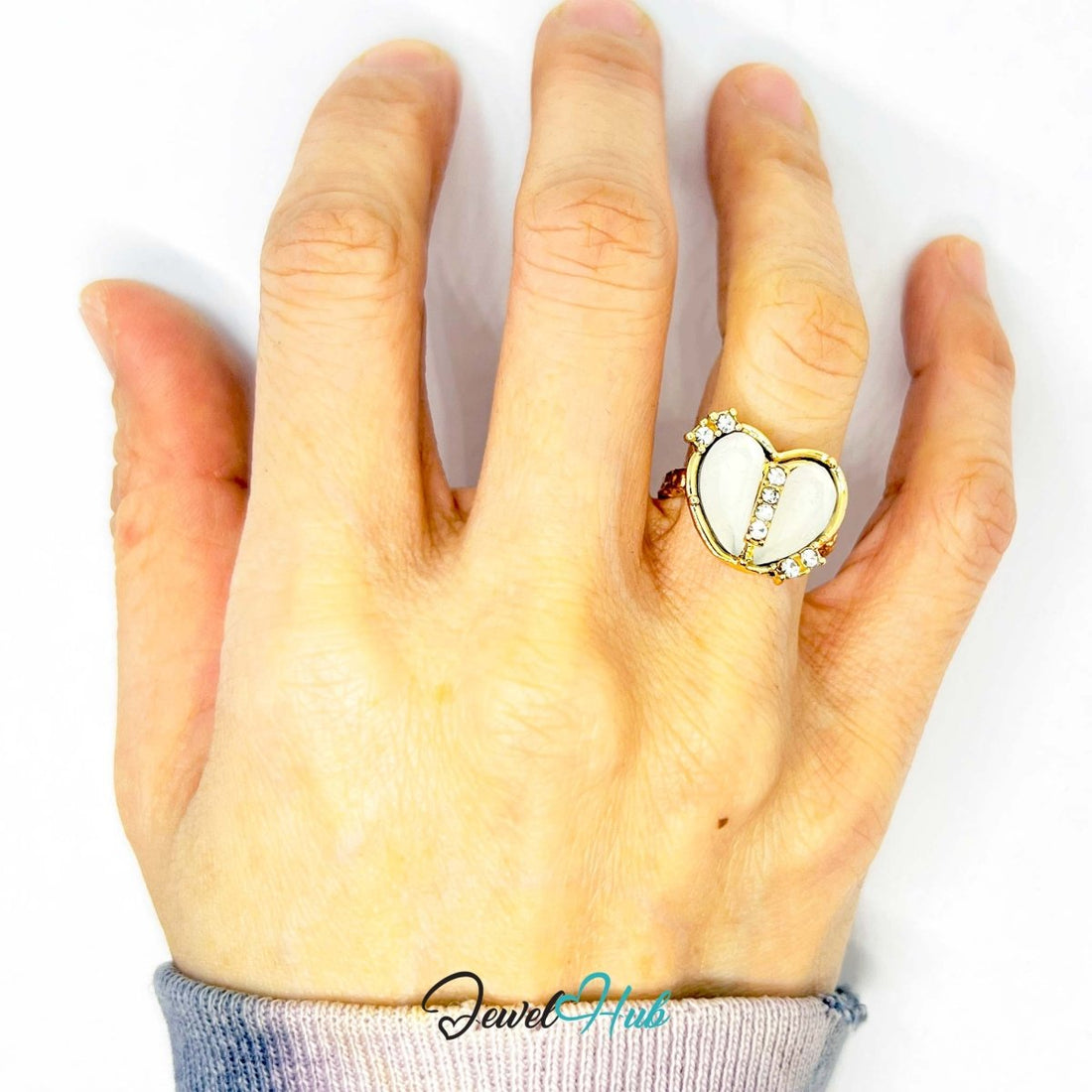 Gold - Plated Pearl Resin Ring – Open - End K - L | 3.9g with 8 Zirconia Stones - JewelHub.co.uk
