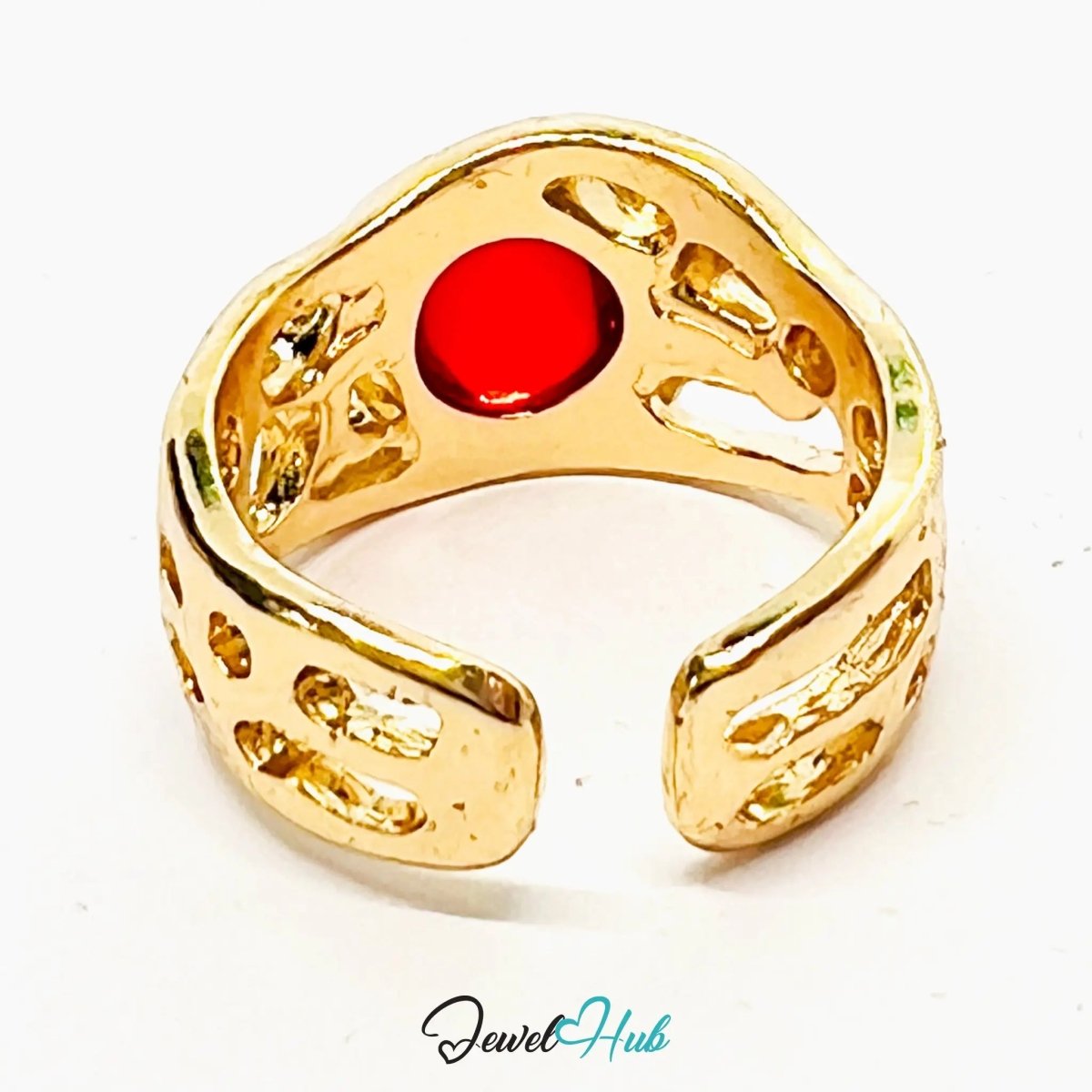 Gold - Plated Perforated Ring – Adjustable O–Q | 4.00g Bold Red Resin Gems, Sculptural Band - JewelHub.co.uk