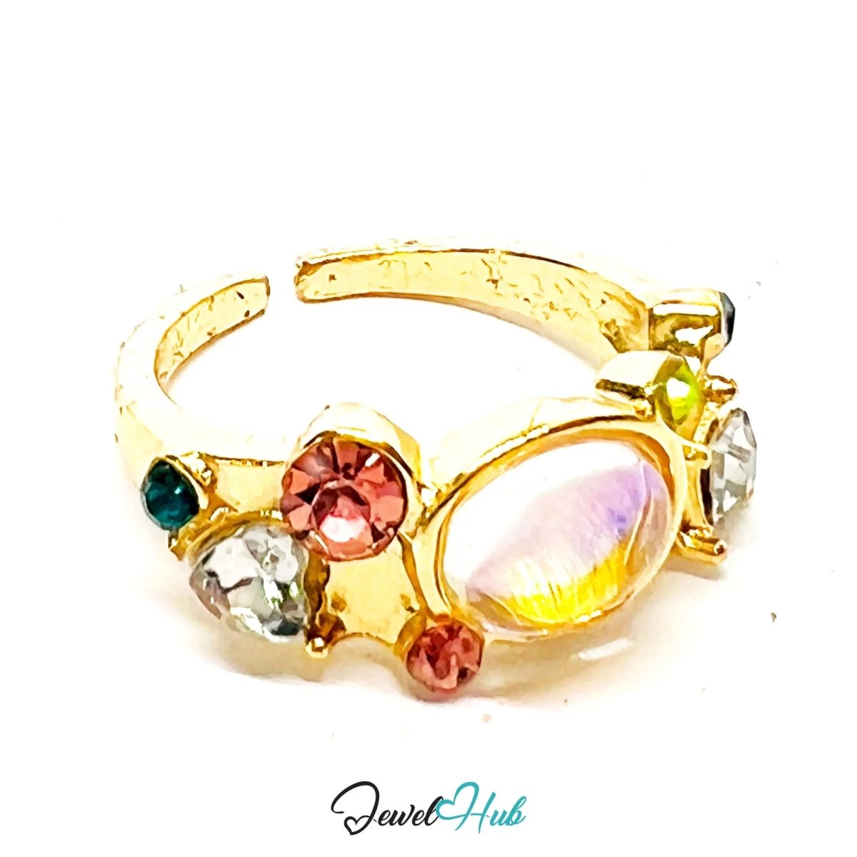 Gold - Plated Playful Ring – Fixed Size N | 2.65g AB Resin & Multicolour Gems in Whimsical Glow - JewelHub.co.uk